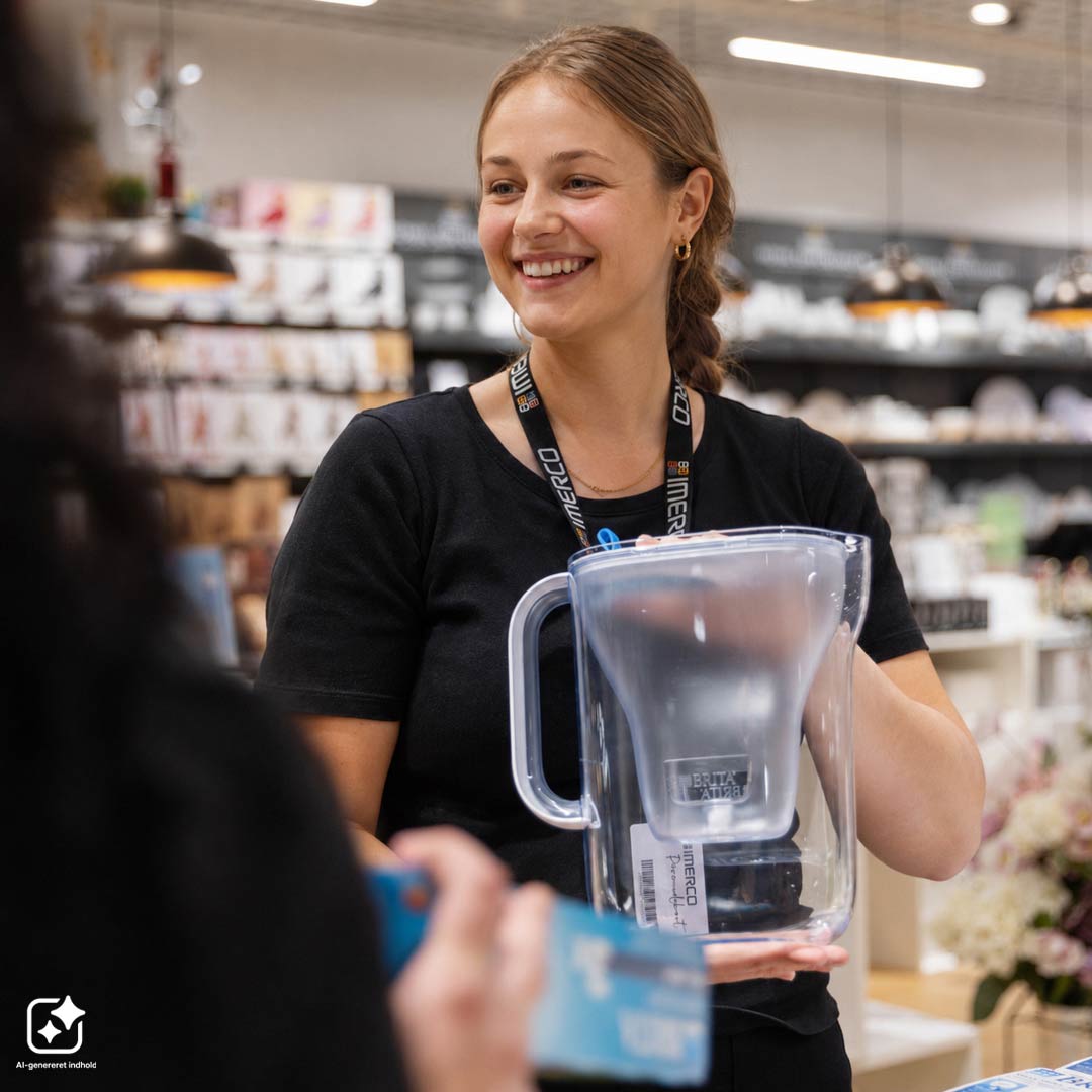 Smilende medarbejder fra Imerco, viser blender frem.